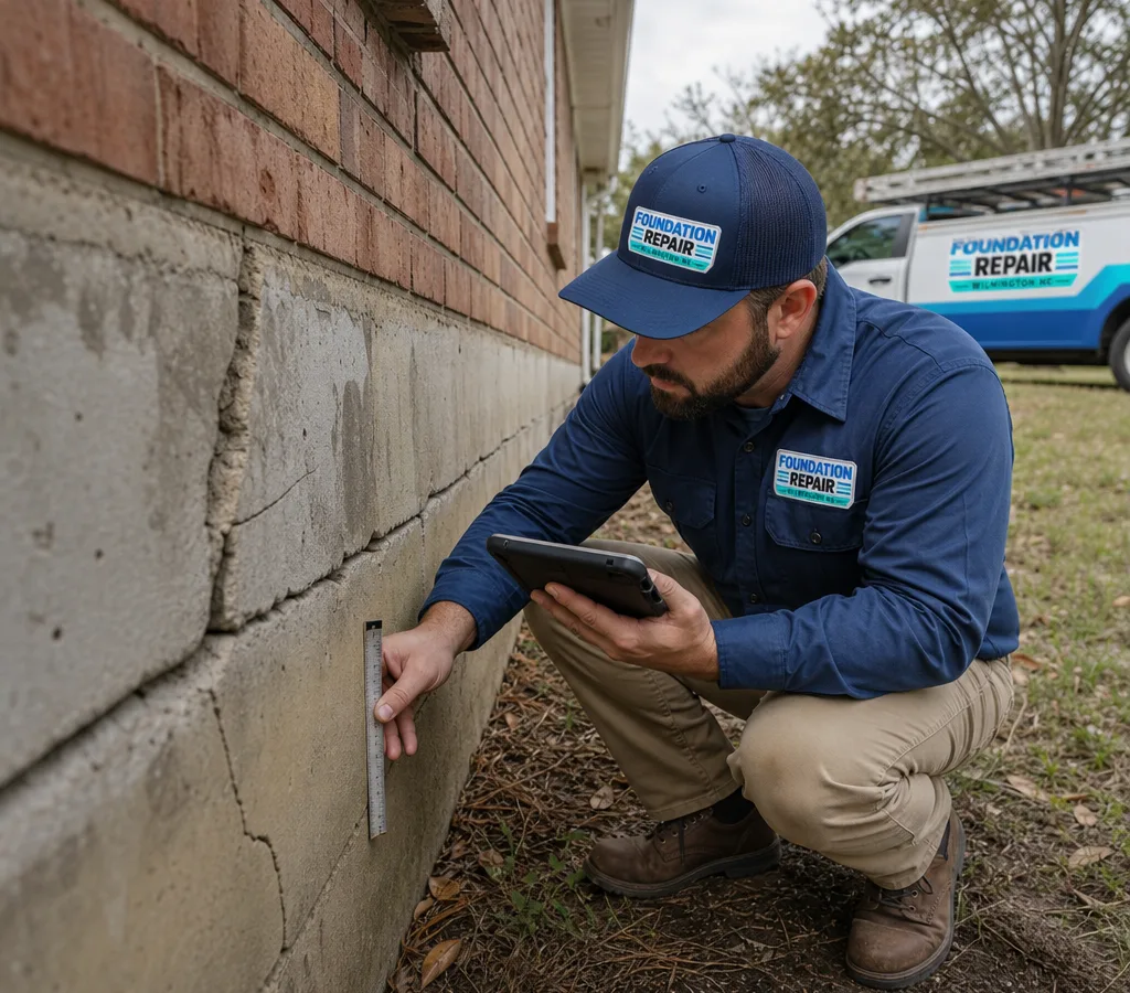 Technician inspecting a Wilmington home's foundation perimeter for cracks and settlement