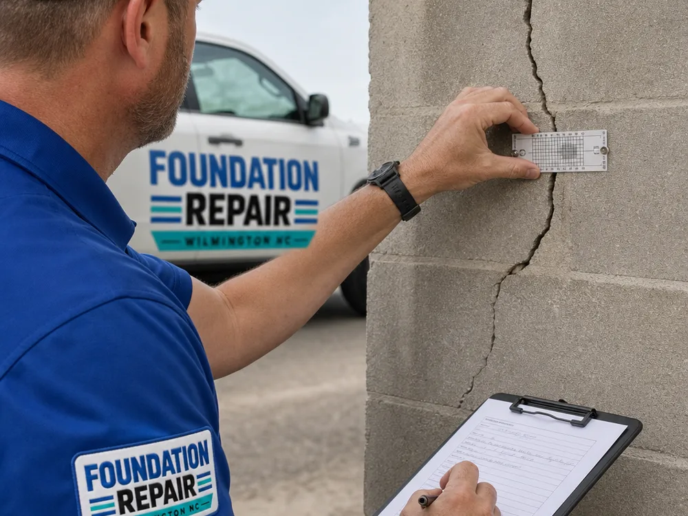 Foundation crack being measured and documented during an inspection